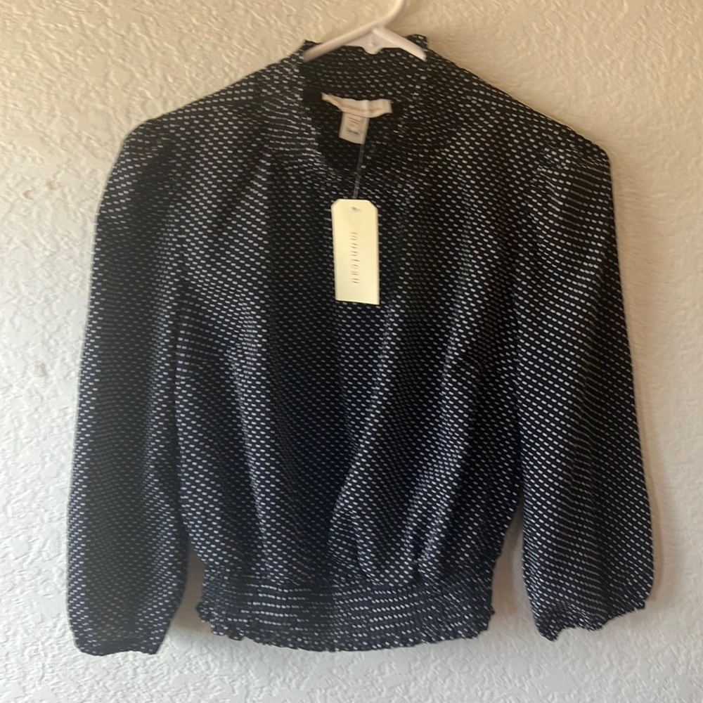 Monteau LA Black w. White Polka Dot Long Sleeves Smocked Waist Blouse women's M